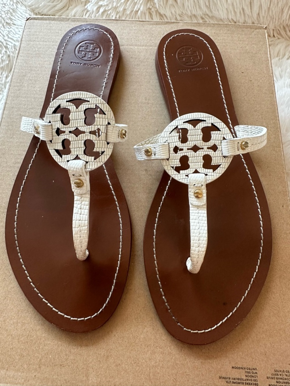 Tory Burch Mini Miller White Leather Thong Sandals Size: 10
